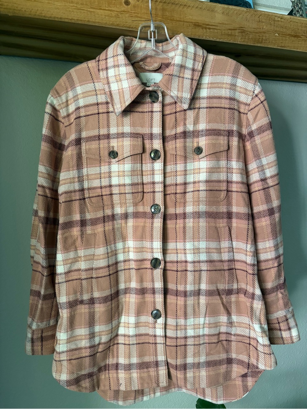 LOFT Plaid Button-Up Shacket - Dusty Rose Plaid